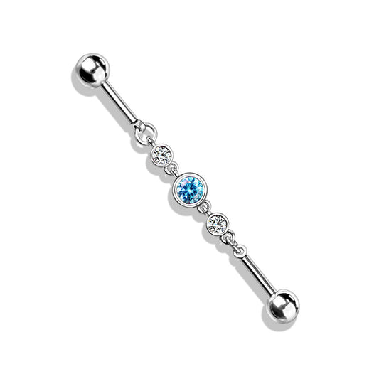 Surgical Steel External Thread Industrial with Triple Round CZ Chain Middle