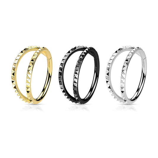 Surgical Steel Hinged Double Separated Row Pyramid Cut Ring