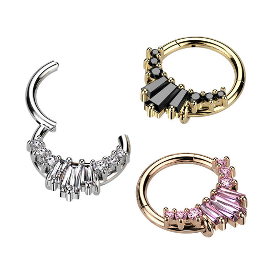 Surgical Steel Front Facing 3 Baguette CZ Fan with 3 Round CZ per side