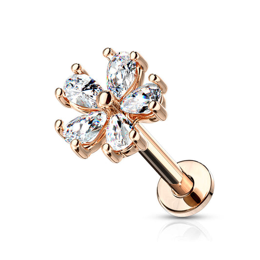 Internal Threaded Surgical Steel & Brass 5 CZ Petal Opened Flower Labret  (Clearance)