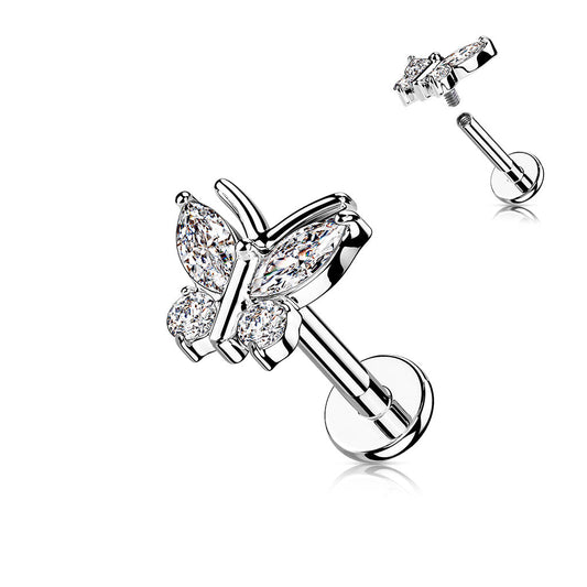 Surgical Steel CZ Butterfly with Antenna Internal Thread Labret