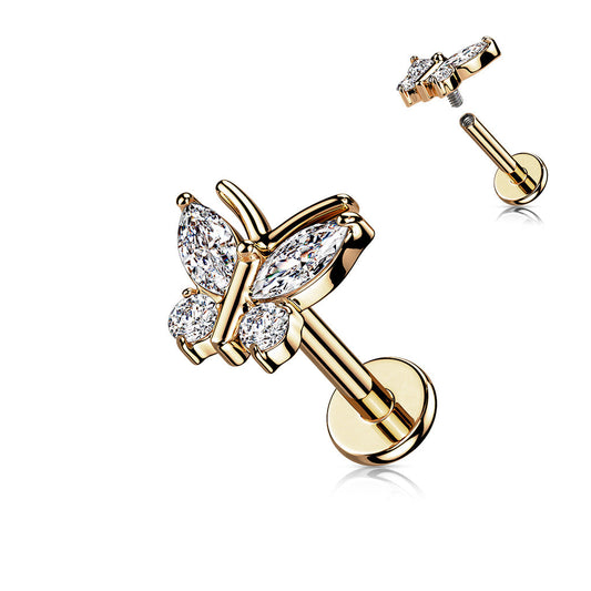 Surgical Steel CZ Butterfly with Antenna Internal Thread Labret (Clearance)