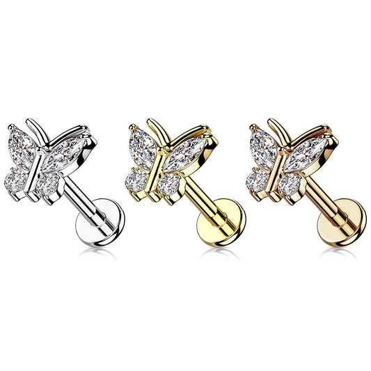 Surgical Steel CZ Butterfly with Antenna Internal Thread Labret