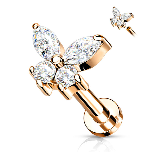 Surgical Steel & Brass CZ Simple Butterfly Internal Thread Labret (Clearance)