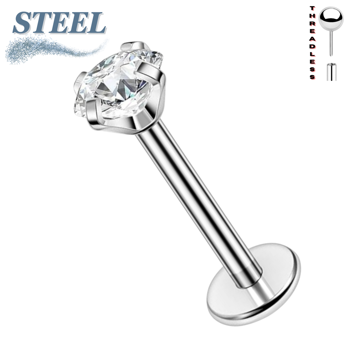 Surgical Steel Threadless Labret Combo w/ Prong  CZ (4mm Base)