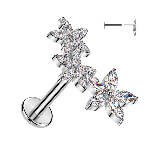 Surgical Steel Threadless 3 CZ Flower Crawler Labret Combo