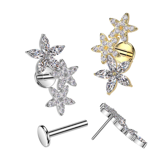 Surgical Steel Threadless 3 CZ Flower Crawler Labret Combo