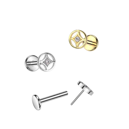 Surgical Steel Threadless 4 Point CZ Centre Star in Round Frame Labret Combo