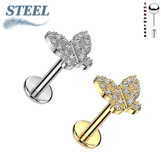 Surgical Steel & Brass CZ Butterfly Threadless Labret Combo (Clearance)