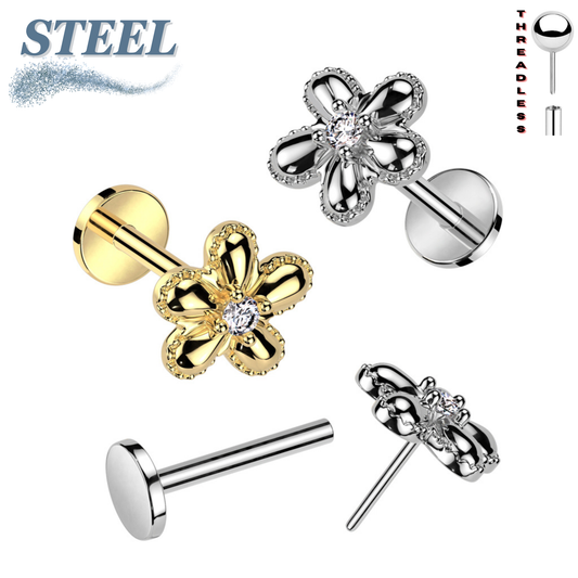 Surgical Steel & Brass Threadless Flower Top with CZ Middle Labret Combo (Clearance)