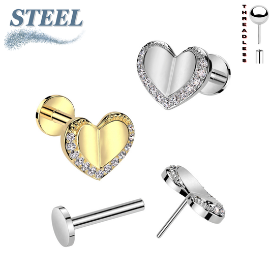 Surgical Steel & Brass Threadless Heart with CZ Edge Top Labret Combo (Clearance)