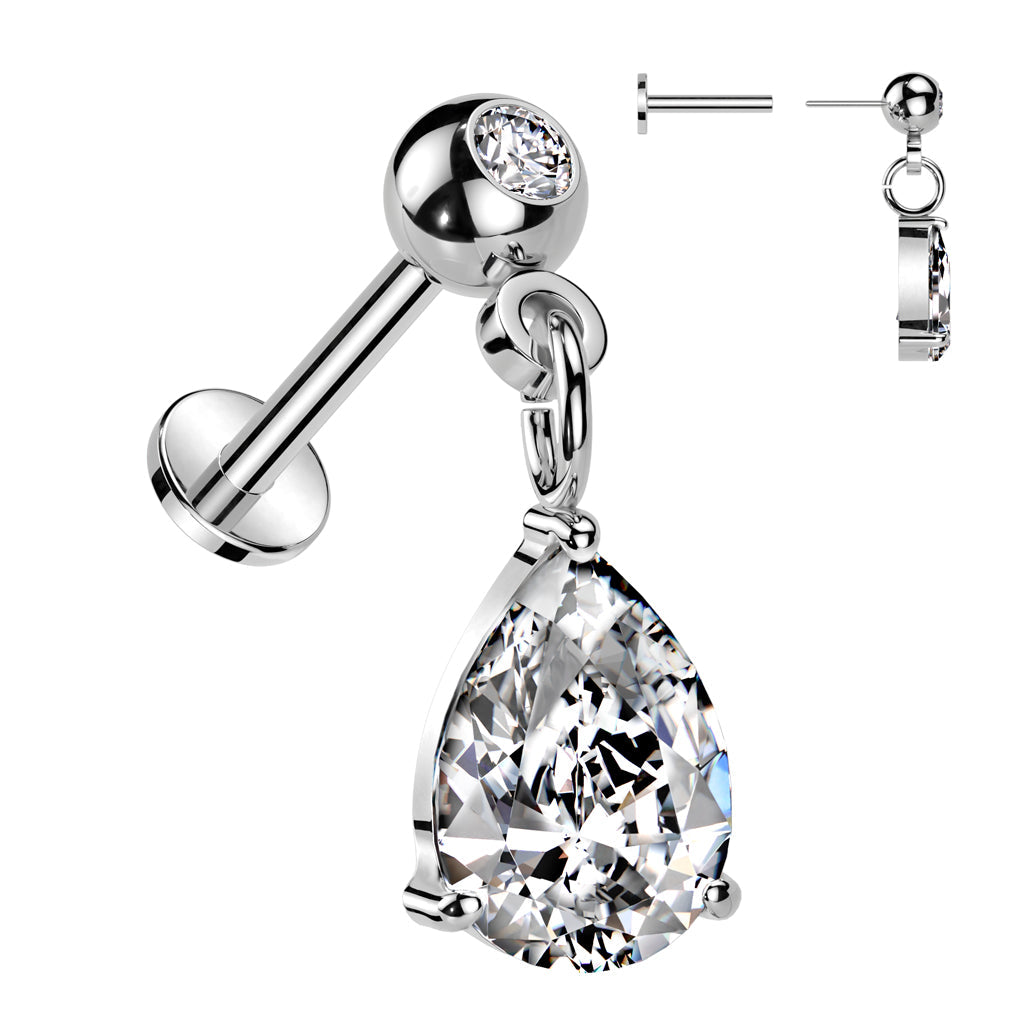 Surgical Steel Threadless CZ Stud with Pear CZ Dangle Top Labret Combo (CLEARANCE)