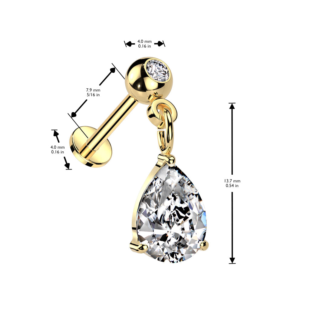 Surgical Steel Threadless CZ Stud with Pear CZ Dangle Top Labret Combo (CLEARANCE)