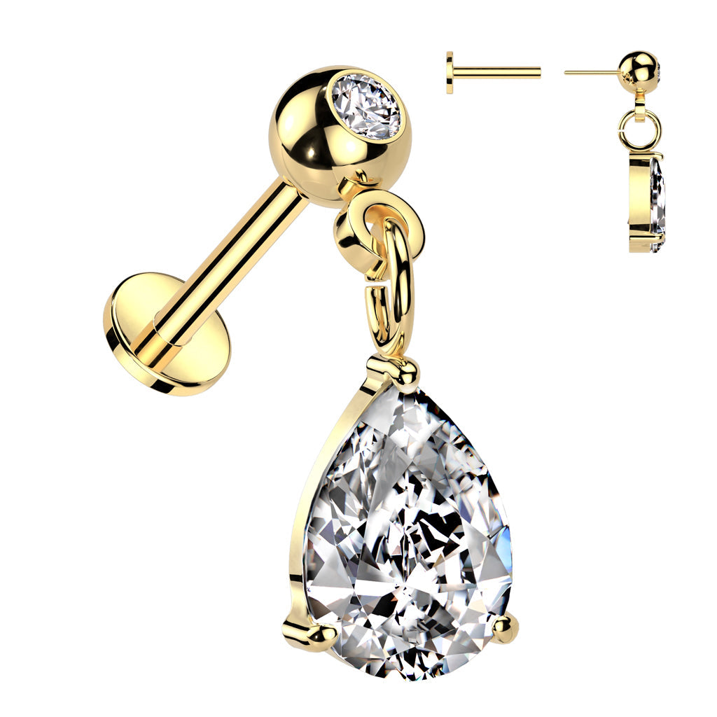 Surgical Steel Threadless CZ Stud with Pear CZ Dangle Top Labret Combo (CLEARANCE)