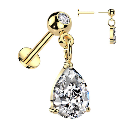 Surgical Steel Threadless CZ Stud with Pear CZ Dangle Top Labret Combo (CLEARANCE)