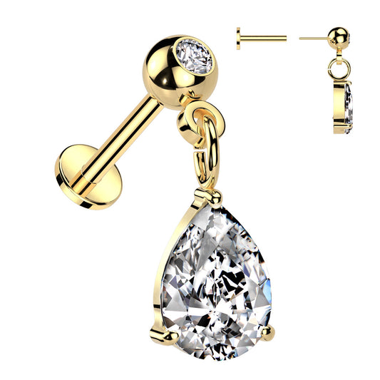 Surgical Steel Threadless CZ Stud with Pear CZ Dangle Top Labret Combo (CLEARANCE)