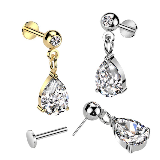 Surgical Steel Threadless CZ Stud with Pear CZ Dangle Top Labret Combo (CLEARANCE)