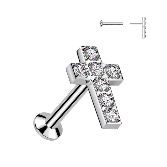 Surgical Steel Threadless CNC CZ Cross Top Labret Combo