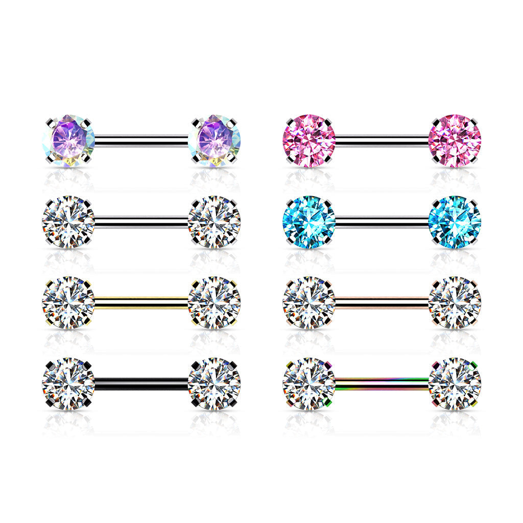 Surgical Steel Threadless Nipple Bar with Prong Set CZ Ends – Pierced ...