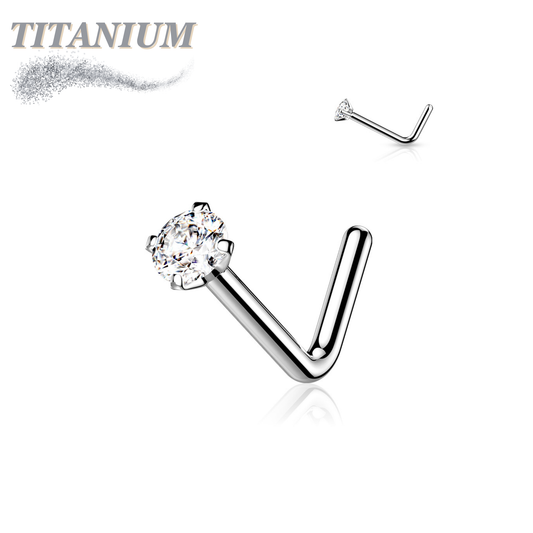 L Bend Titanium Nostril Stud with Prong Set Gem