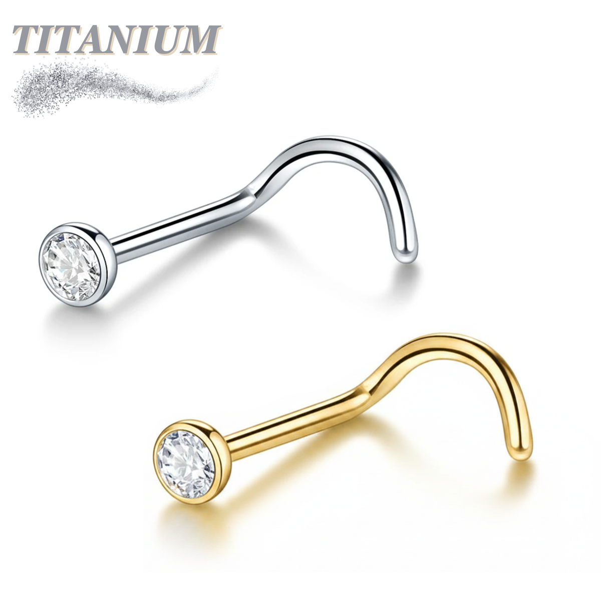 Titanium Nostril Screws 7mm Length w/ 2mm Flat Bezel Crystal Top