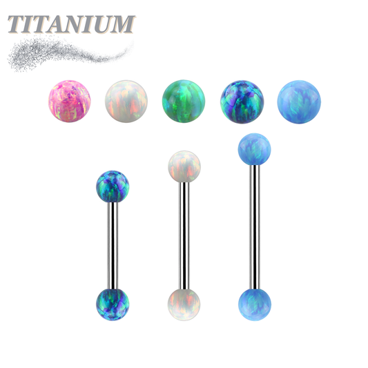 Titanium Barbell with Synthetic Opal Ball Ends with Inlaid Steel External Threading