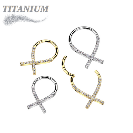 Titanium Hinged Cancer Ribbon Ring Lined with CZ