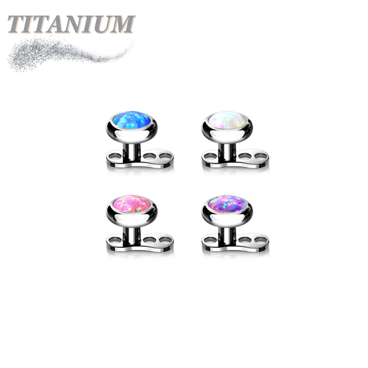 Titanium 16G 3 Hole Dermal Anchor with 2mm Rise and Titanium Flat Round 4mm Opal Top