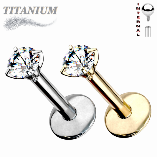 Titanium Internal Thread Labret with Prong Set CZ (3mm base)