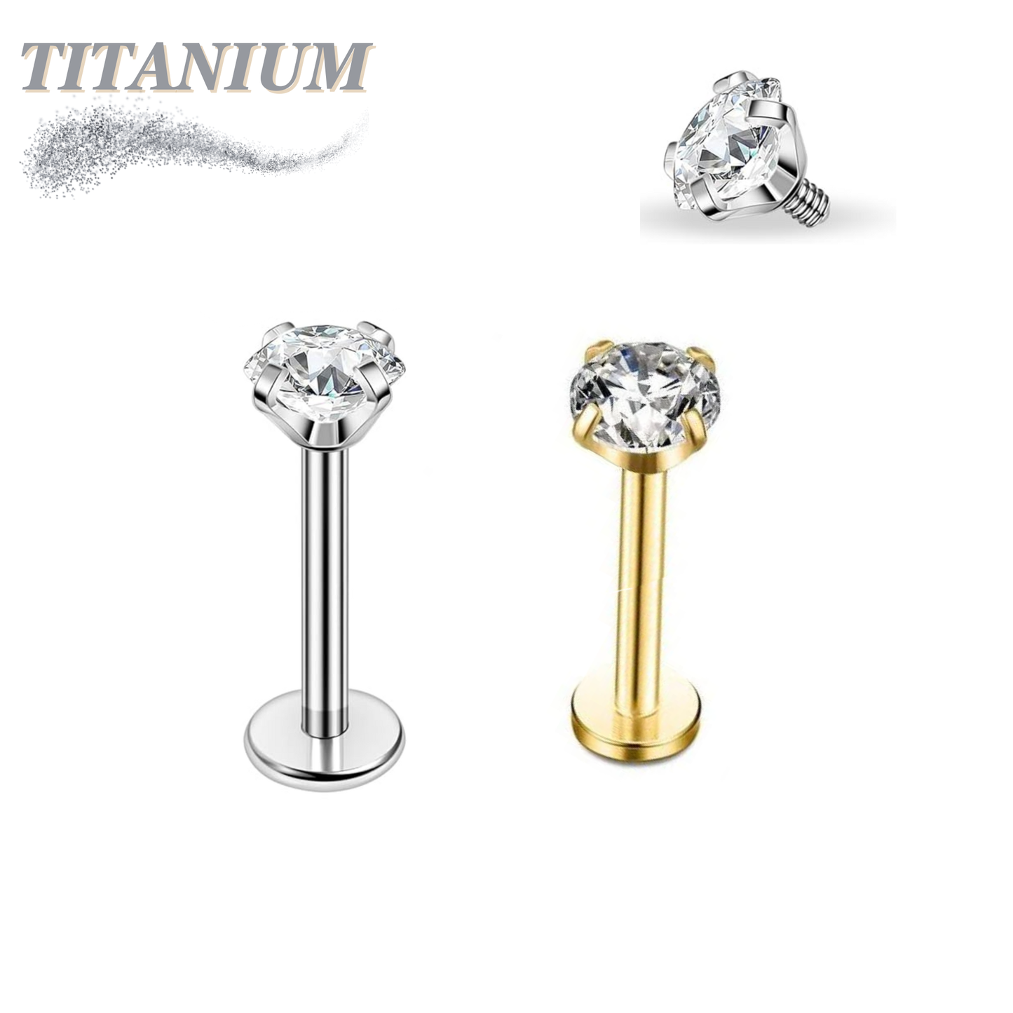 Titanium Internal Thread Labret with Prong Set CZ - 4mm Base