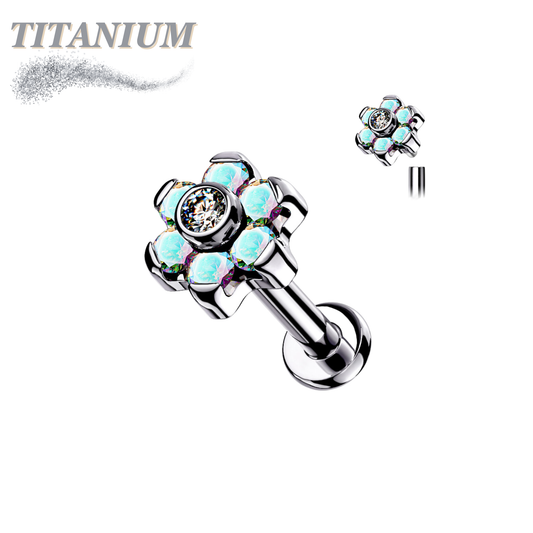 Titanium CZ Set Flower Top Internal Thread Labret