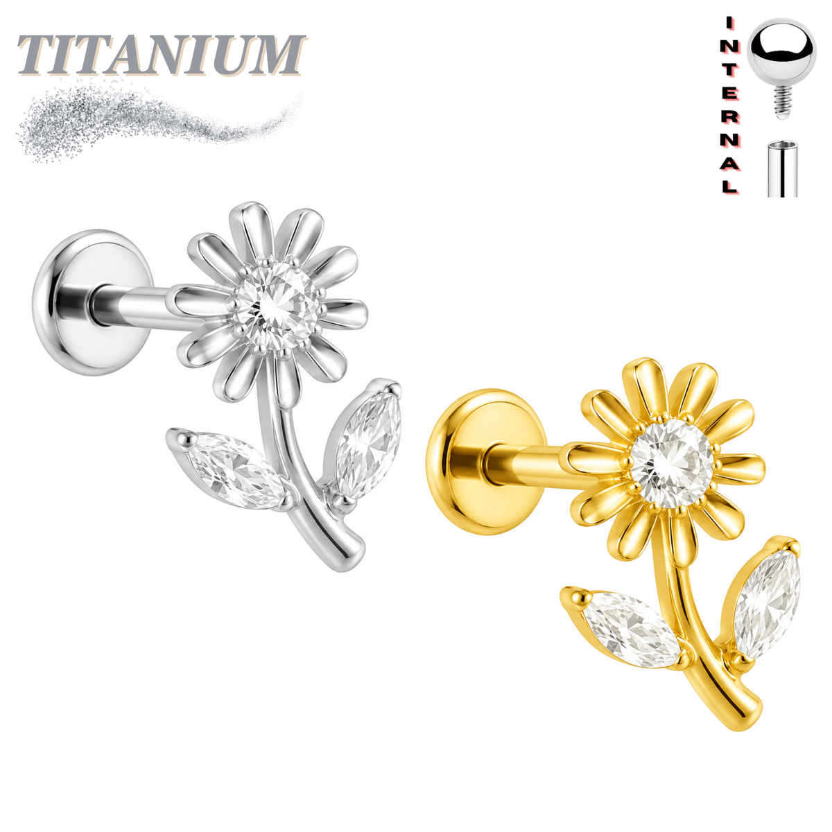 Titanium Threadless Labret w/ Tall CZ Flower