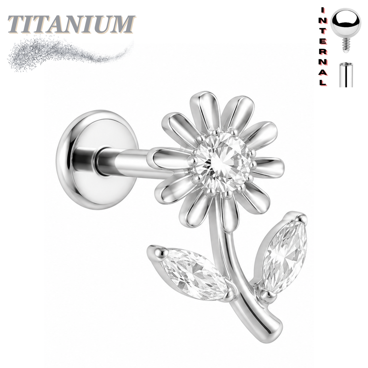 Titanium Threadless Labret w/ Tall CZ Flower