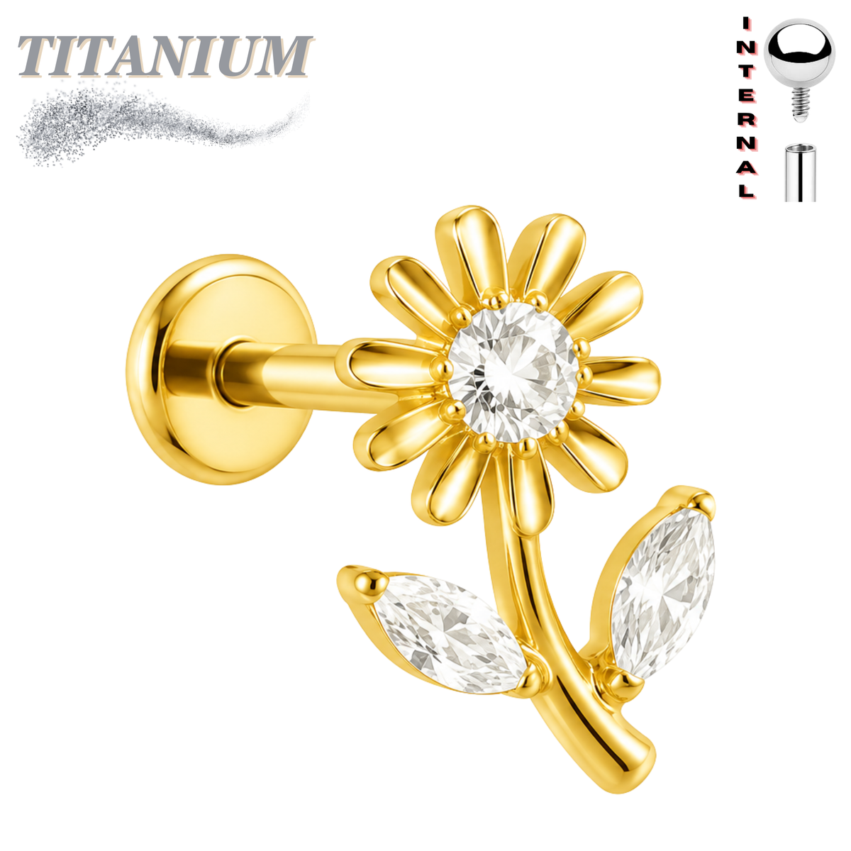 Titanium Threadless Labret w/ Tall CZ Flower