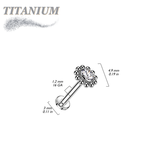 Titanium Internally Threaded Labret with Flower CZ Centre Surrounded by Micro Balls Top