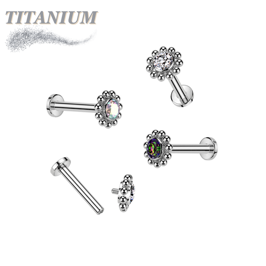 Titanium Internally Threaded Labret with Flower CZ Centre Surrounded by Micro Balls Top