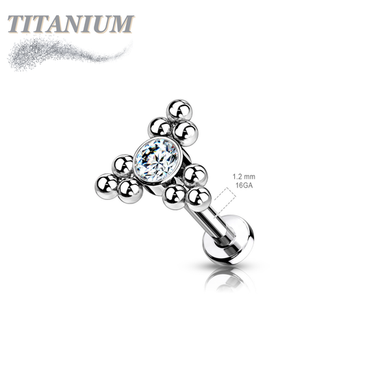 Titanium Internal Thread Labret Single CZ with Triple Ball Clusters