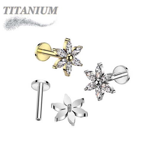 Titanium Internally Threaded 6 Petal Marquise Flower Labret