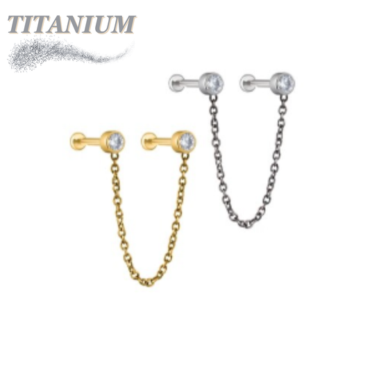 Titanium Threadless Double Helix CZ Bezel with Single Chain Drape Labret