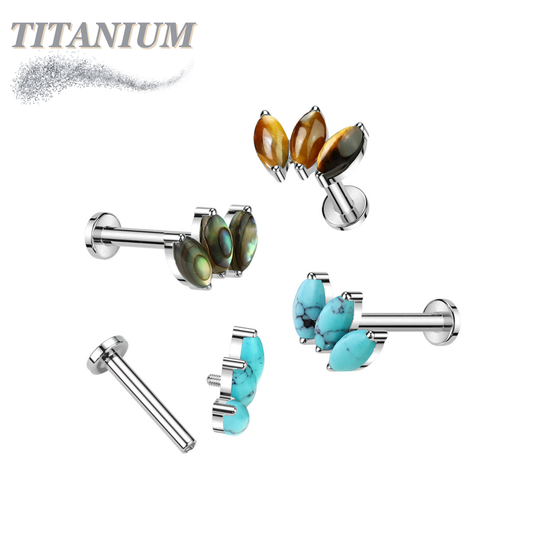 Titanium Internal Threaded Triple Marquise Fan with Natural Stone Top Labret Combo