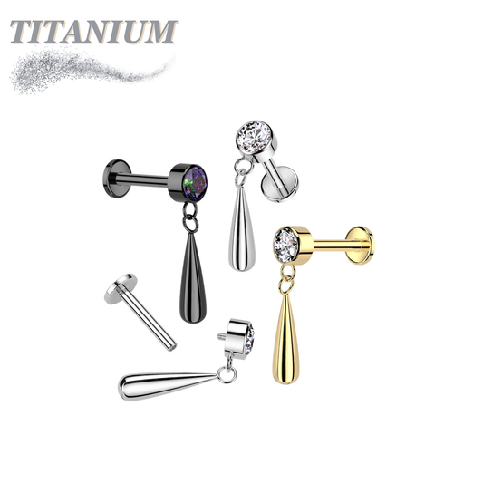 Titanium Internally Threaded CZ Bezel with Dangle Teardrop