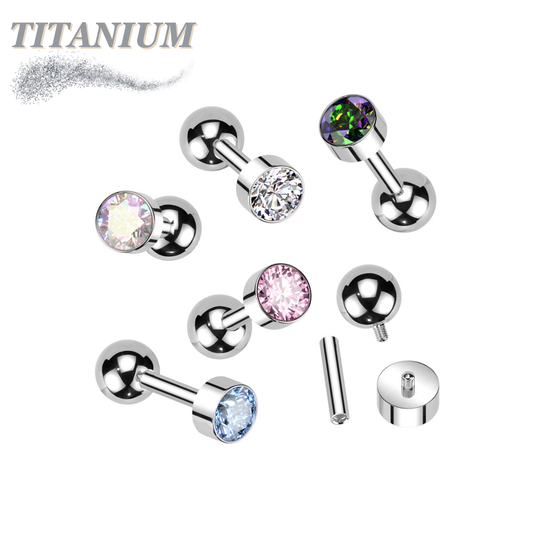 Titanium Cartilage Barbell with Premium Round Bezel Set CZ Internal Thread