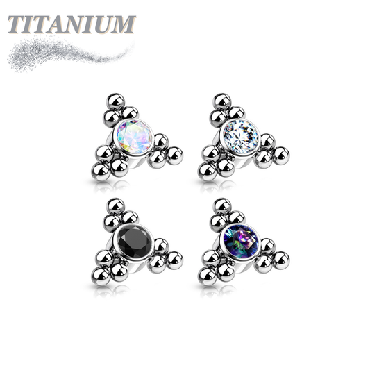 Internal Thread Titanium Single CZ with Triple Ball Clusters Top