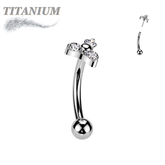 Titanium Curved Barbell with One Fixed Plain Ball and Threadless Prong Set Trinity CZ Top
