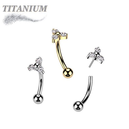 Titanium Curved Barbell with One Fixed Plain Ball and Threadless Prong Set Trinity CZ Top