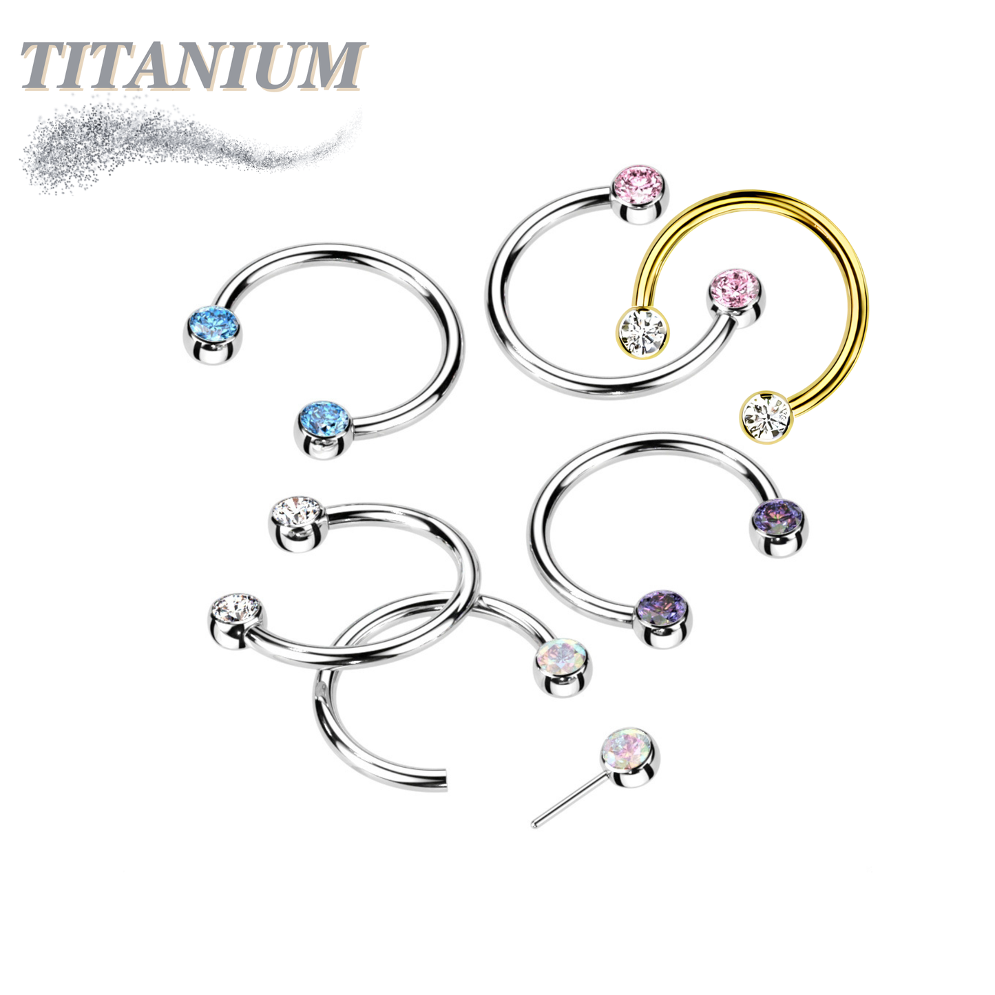 Threadless Titanium Horseshoe with Front Facing Bezel Set CZ Balls