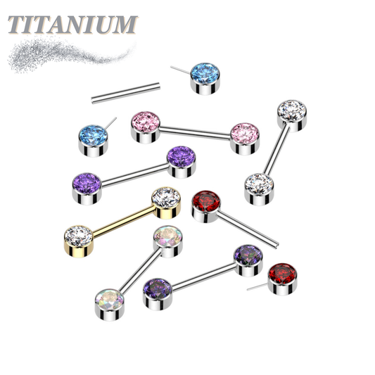 Titanium Threadless Nipple Barbell with Forward Facing CZ Bezel Set Ends