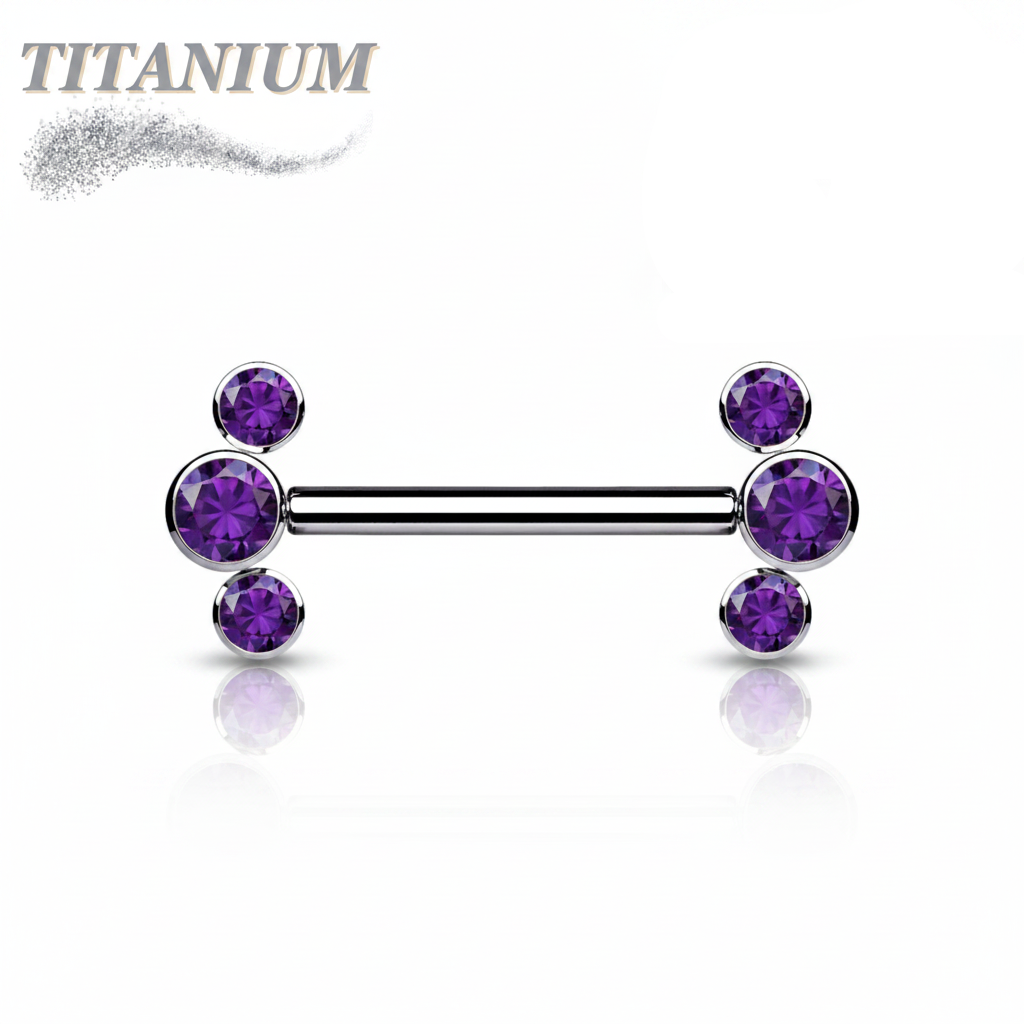 Threadless Titanium Nipple Barbell with 3 Bezel Set CZ Curved Ends