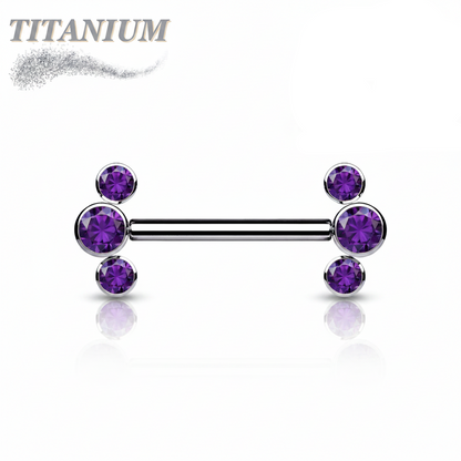 Threadless Titanium Nipple Barbell with 3 Bezel Set CZ Curved Ends