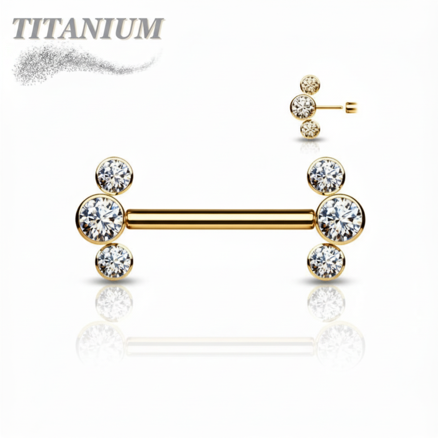 Threadless Titanium Nipple Barbell with 3 Bezel Set CZ Curved Ends